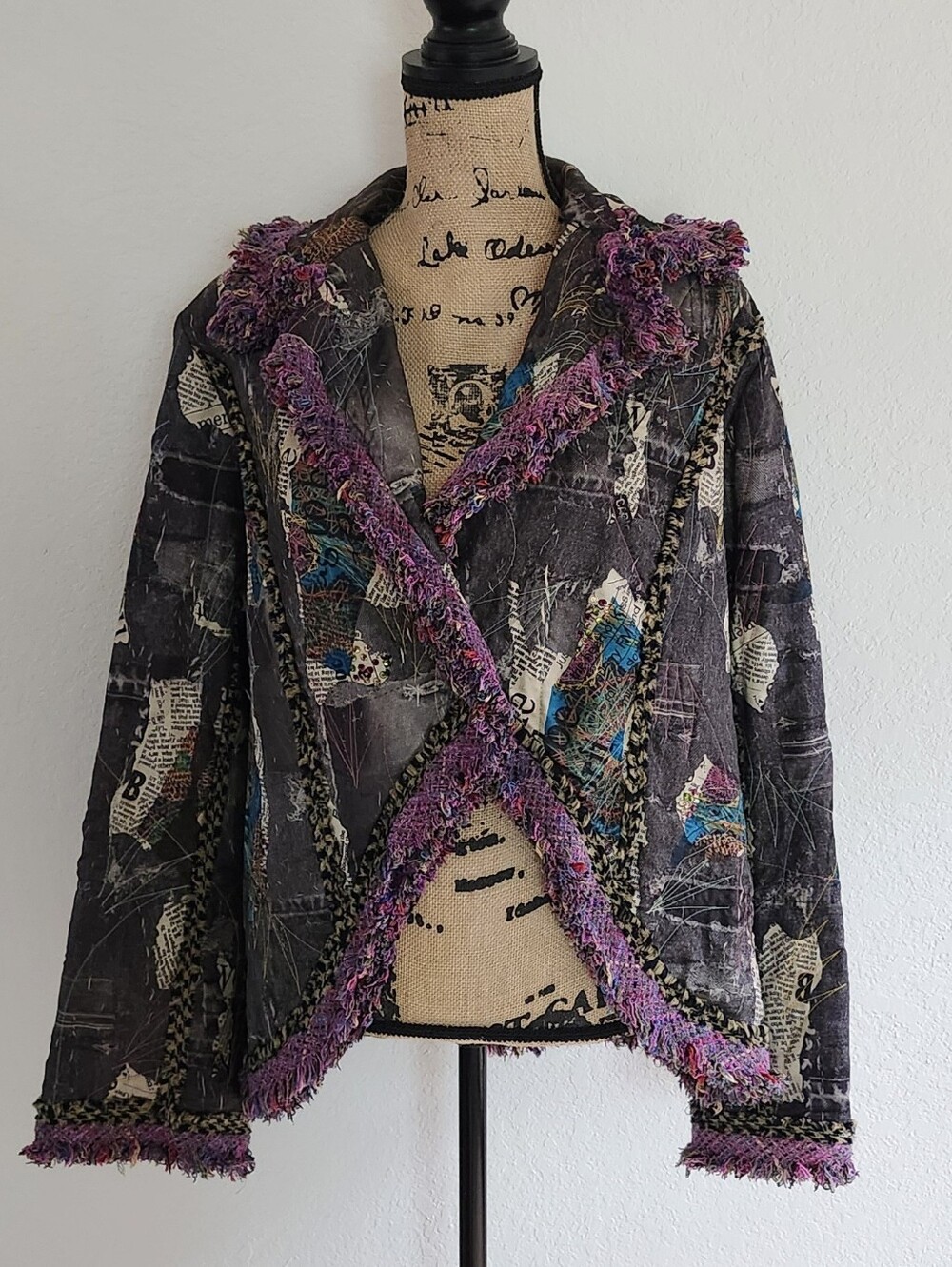 LOOK Grey Denim Look Newspaper Print Embellished Jacket
